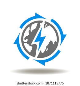 Earth planet with circular process arrows and lightning icon vector. Ecology World Threat Symbol. Environment Emissions Danger Logo.