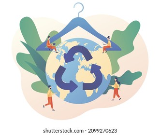 Earth planet and clothes hanger. Slow fashion concept. Sustainable fashion. Reuse, reduce, recycle. Eco-friendly manufacturing. Modern flat cartoon style. Vector illustration on white background