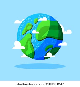 Earth planet with clouds vector cartoon illustration isolated on blue background.
