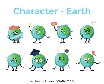 Earth planet cute character set emoticon sick ill idea pollution charge off tired isometric vector illustration. Funny cosmic globe mascot smiley cry clever academic knowledge died burst doubt emoji