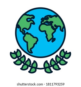 earth planet and decorative leaves wreath over white background, line and fill style, vector illustration