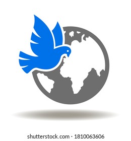 Earth planet with dove bird icon vector. Peace World Logo.