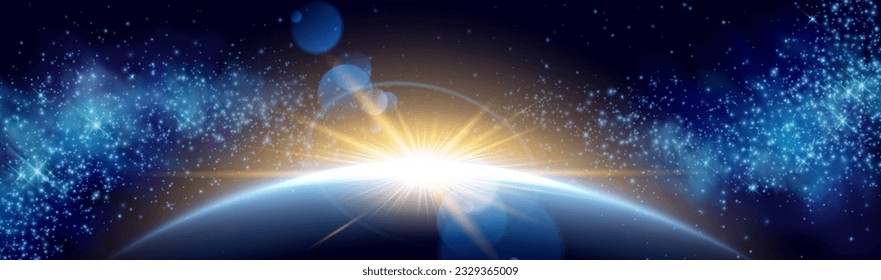 Earth planet eclipse horizon space light background. Sunrise flare ring effect in abstract universe sky design. Outer magic galaxy orion constellation and crescent glow realistic starry wallpaper.