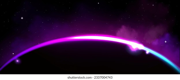 Eclipse del planeta Tierra con luz púrpura en el fondo vector abstracto del horizonte. El anillo de efecto del efecto del espacio de la bengala del sol sobre el diseño oscuro de la luna. El borde circular brilla con humo y el fondo exterior mágico chispeante.