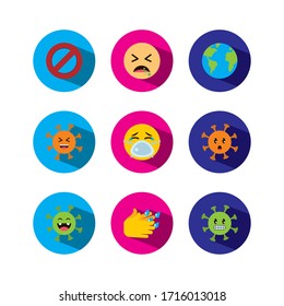earth planet and emojis coronavirus icon set over white background, block style, vector illustration