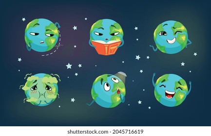 Earth Planet Emojis Set, Earth Globe Characters with Funny Faces Cartoon Vector Illustration