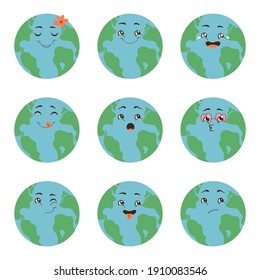 Earth Planet emotions set collection. Vector isolated flat illustration. For postcards on the topic Eco friendly, Save ecology and Earth day.