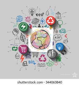 Earth planet. Environment collage with icons background. Vector illustration