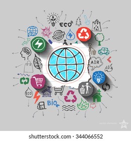 Earth planet. Environment collage with icons background. Vector illustration