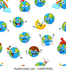 Earth planet expressing emotions emojis seamless pattern vector