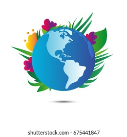 Earth planet with flowers on white background. Earth day. Vector