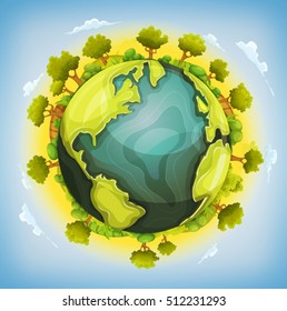 Earth Planet With Forest And Agriculture Elements Around/
Illustration of a cartoon earth planet globe with environment elements around, agriculture fields, trees, hedges, bush, meadows and grass