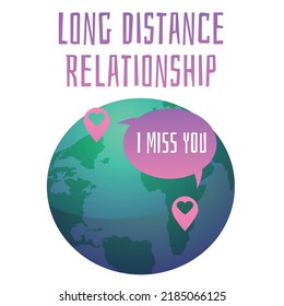Earth planet with geotags on different continents and message I miss you flat style, vector illustration isolated on white background. Long distance relationship
