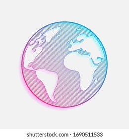 Planeta Tierra, mapa global. Logo coloreado con líneas diagonales y degradado azul-rojo. Gráfico neón, efecto ligero