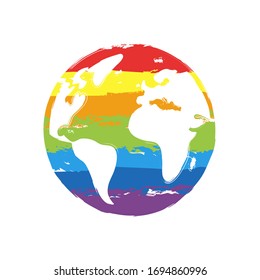 Earth planet, global map. Drawing sign with LGBT style, seven colors of rainbow (red, orange, yellow, green, blue, indigo, violet