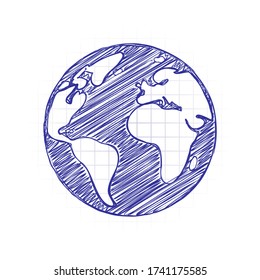 Planeta Tierra, mapa global. Imagen dibujada a mano con relleno de garrapatas. Tinta azul. Doodle sobre fondo blanco