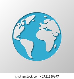 Planeta Tierra, mapa global. Diseño de papel. Símbolo recortado con sombra
