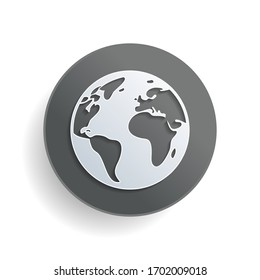 Earth planet, global map. White paper symbol on gray round button or badge with shadow