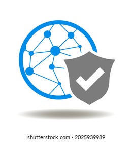 Planeta Tierra con red global y escudo con marca de verificación ilustrativa vectorial. Seguridad electrónica de datos y protección de internet.