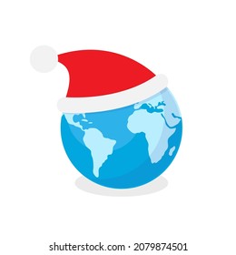 Earth planet globe icon in bright red Santa's hat Merry Christmas world concept. Vector flat illustration isolated on white background