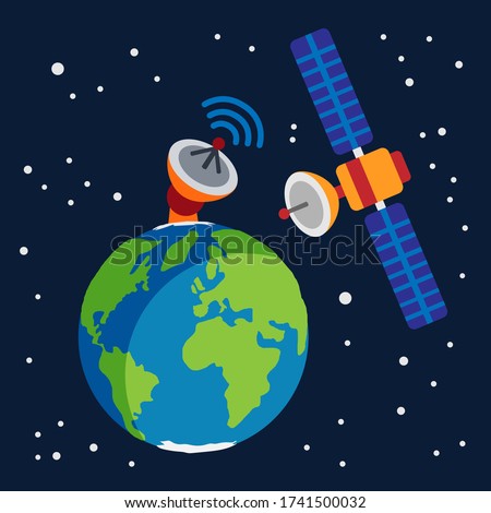 earth planet earth globe with a large antenna sending communications to a satellite located in the space between the stars