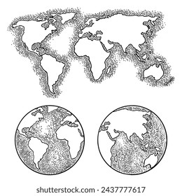 Planeta Tierra globo y mapa. Ilustración de grabado vintage negro vectorial aislado sobre un fondo blanco. Para web, póster, infografía.