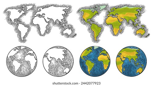 Earth planet globe and map. Vector black vintage engraving illustration isolated on a white background. For web, poster, info graphic.