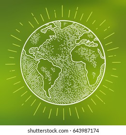 Earth planet globe with rays. Vector black vintage engraving illustration. For web, poster, infographic.