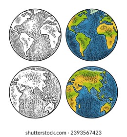 Earth planet globe. Vector black vintage engraving illustration isolated on a white background. For web, poster, info graphic.