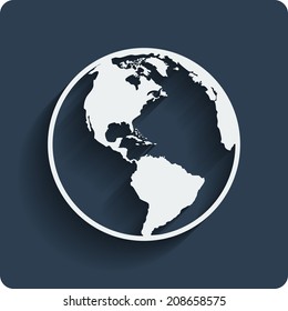 Earth planet globe web and mobile icon in flat design with long shadow. Vector.