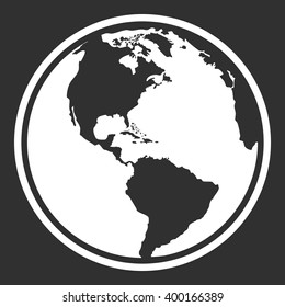 Earth planet globe web and mobile icon design. Contour white symbol of earth planet in america view on black background. Vector illustration.