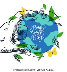 Earth planet and green leaves in human hand. Environment Day vector overlay sketch illustration isolated on white background. Hand drawn banner poster design elements. Save nature, ecology concept