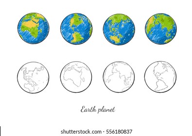 Earth planet hand drawn set in different views colorful and outline variants vector illustration