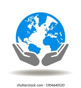 Earth Planet With Hands Care Vector Icon. ESG Symbol. World, Environment, Nature Save Sign. Planet Eco Sustainability Illustration. SDG, CSR Logo.