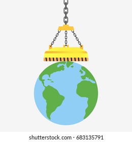 Earth planet hanging on magnet. flat style vector illustration