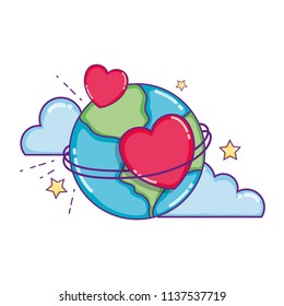 earth planet with hearts decoration and clouds