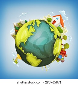 Earth Planet With Home, Nature And City Around/
Illustration of a cartoon design earth planet globe with environment elements around, house, mountains, windmills, cityscape and ocean
