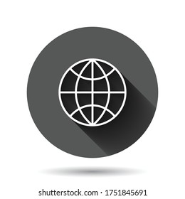 Earth planet icon in flat style. Globe geographic vector illustration on black round background with long shadow effect. Global communication circle button business concept.