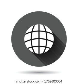 Earth planet icon in flat style. Globe geographic vector illustration on black round background with long shadow effect. Global communication circle button business concept.