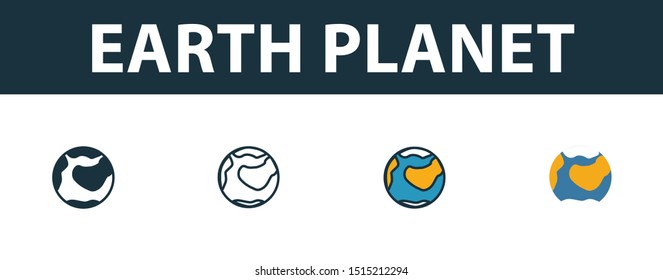 Earth Planet icon set. Four elements in diferent styles from space icons collection. Creative earth planet icons filled, outline, colored and flat symbols.
