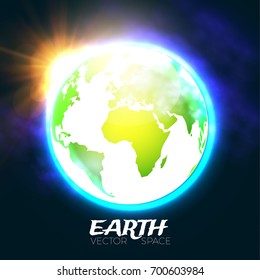 Earth planet icon. World.  Shining globe design with sunlight. Universe and cosmos space. Vector illustration