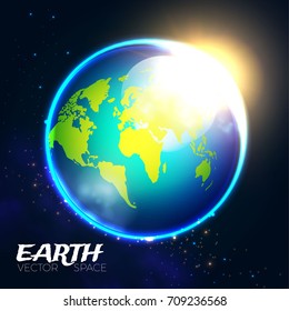Earth. Planet Icon. World and Shining Globe Design with Sunrise. Universe and Cosmos Space. Vector illustration