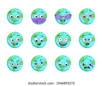 Earth planet icons set with different emotions, medical mask and goggles isolated on white background. World Earth Day. Vector cartoon flat illustration.