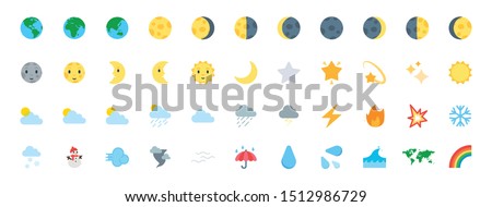 Earth, Planet Icons Vector Set. All Type of Moon Faces. Weather Icons Collection. Temperature, Cloud, Sky Symbols, Emojis Set