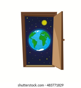 Earth planet inside opened door. Doorway to the Universe and space. Flat illustration. 