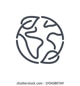 Earth Planet With Leaves Line Icon. World Ecology Vector Outline Sign.