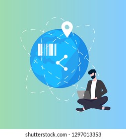 Earth planet with location and bar code user with laptop vector. Human working on computer screen freelancer with digital gadgets, online technologies