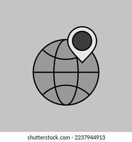 Planeta terrestre y marcador de ubicación en su icono de escala de grises vector. Entrega internacional. Señal de comercio electrónico. Símbolo gráfico para el diseño de su sitio web, logotipo, aplicación, interfaz de usuario