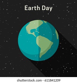 Earth planet with long shadow. Vector simple banner with Earth Day illustration.