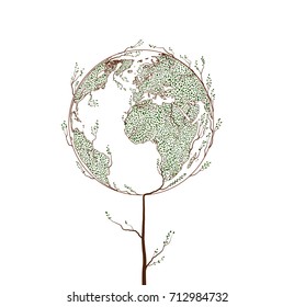 Earth planet map created from the leaves and looks like treee, green planet eco concept, vector